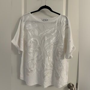 Chico’s White Sequin Pullover Sweater SZ 4 US XXL Short Sleeve Bateau Neck White